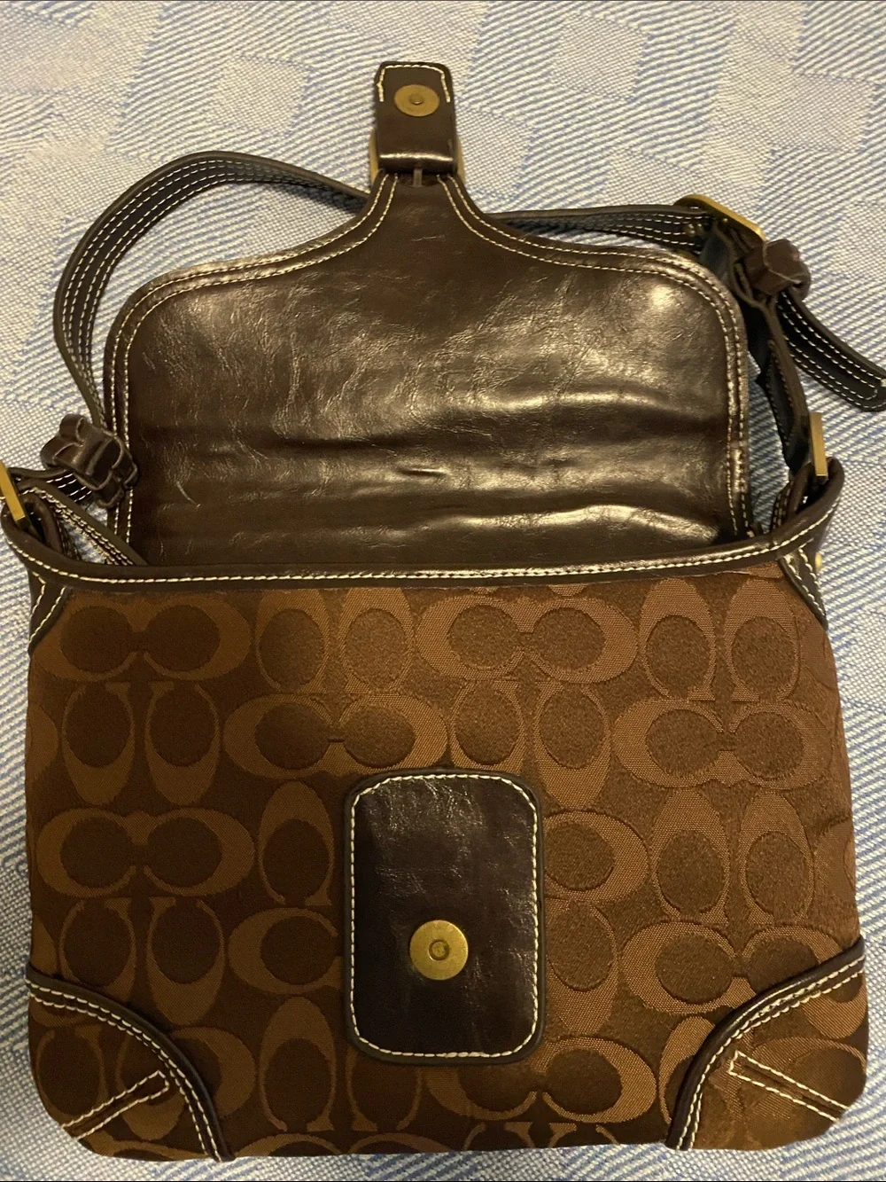 Coach Brown Canvas Signature Shoulder Bag with Dark Brown Leather Trim